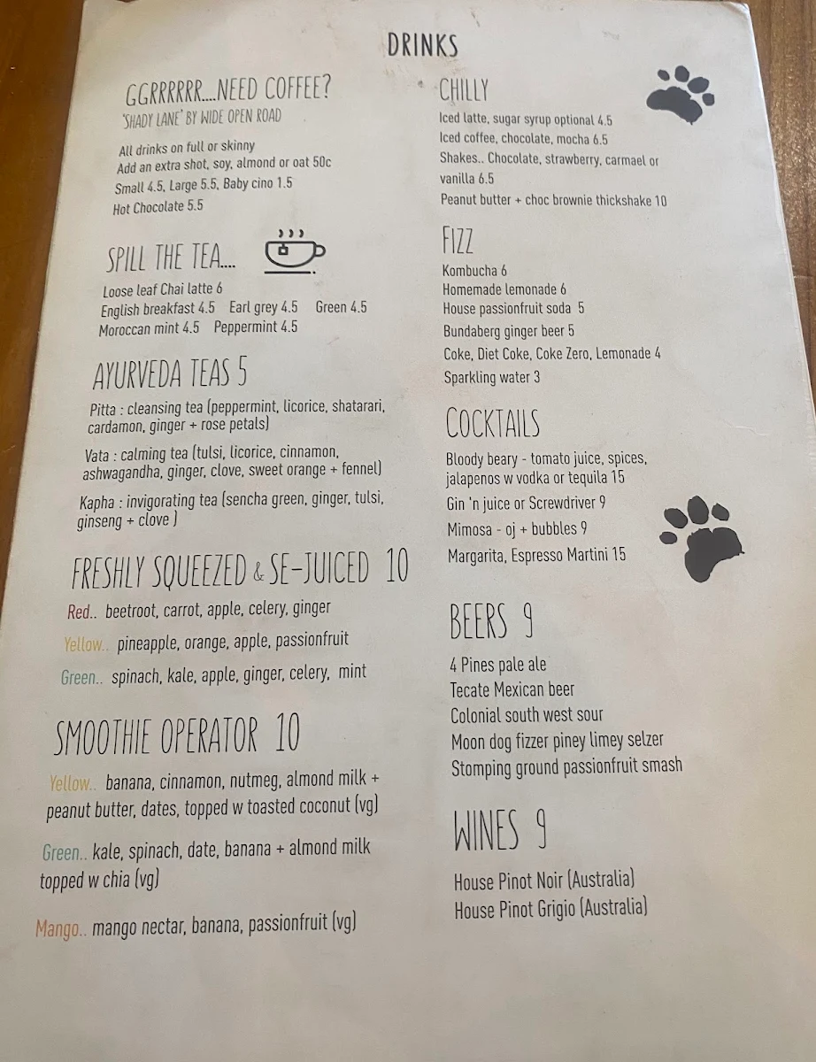 Menu, Poke the Bear Cafe