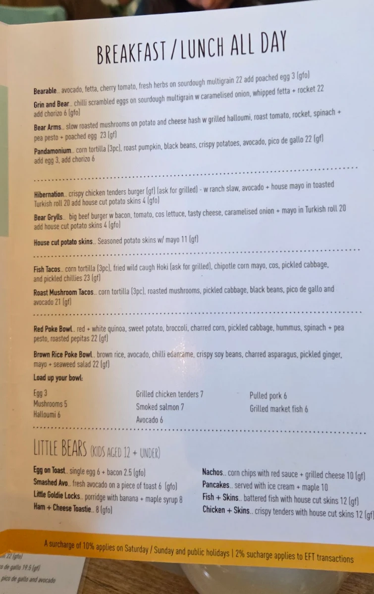 Menu, Poke the Bear Cafe