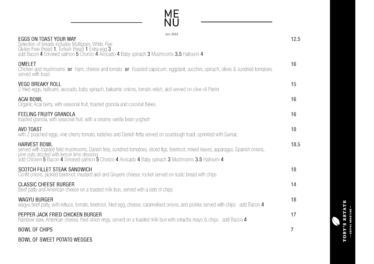 Menu, The Precinct by Toby's Estate