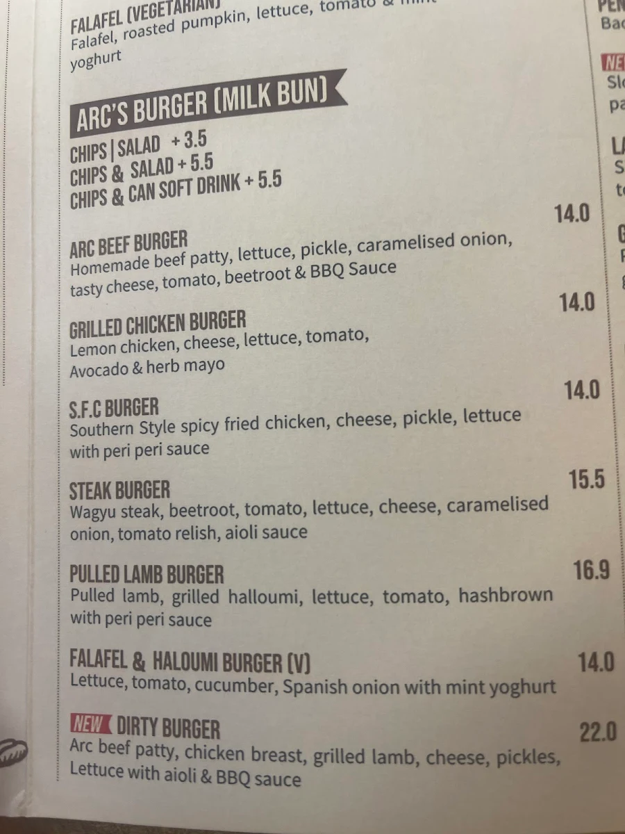 Menu, ARC Cafe