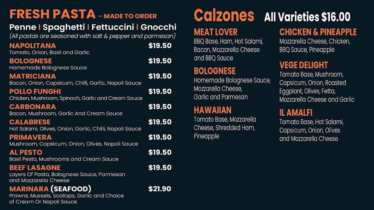 Menu, Amalfi Pizza & Pasta - Wantirna