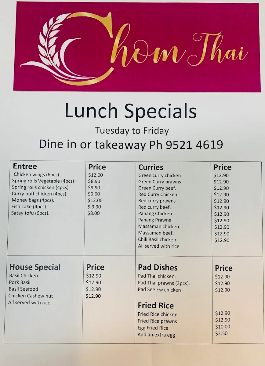 Menu, Chomthai