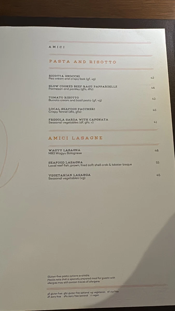 Menu, Amici Trattoria