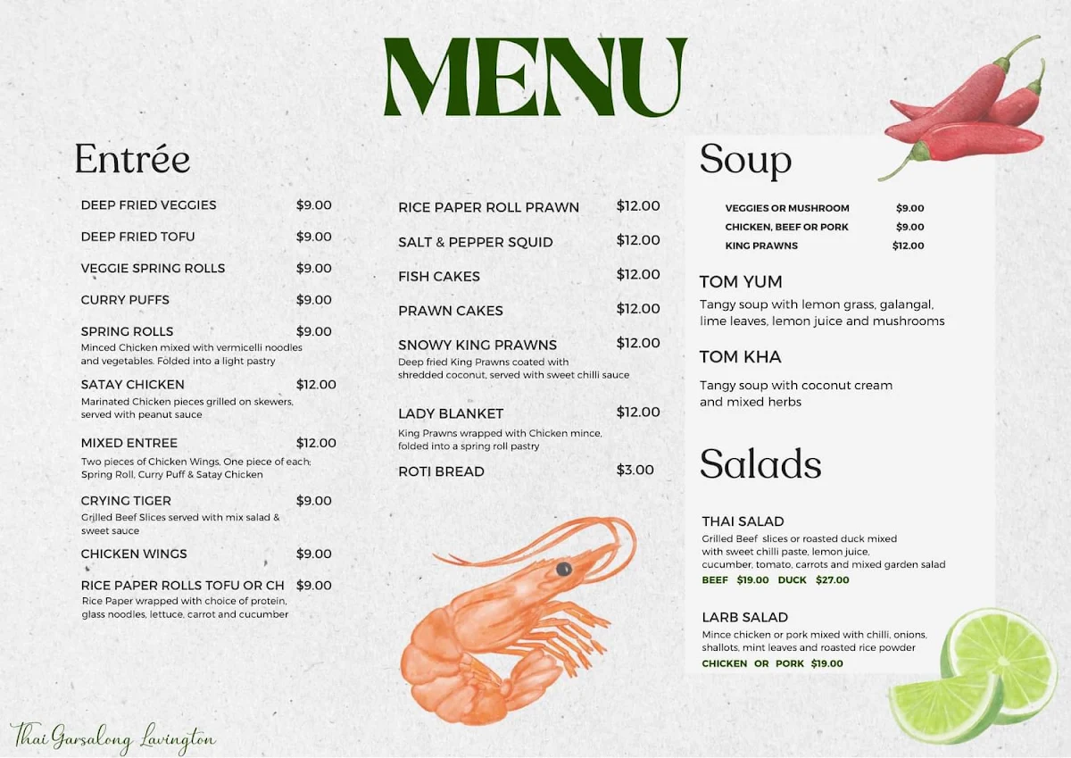 Menu, Thai Garsalong