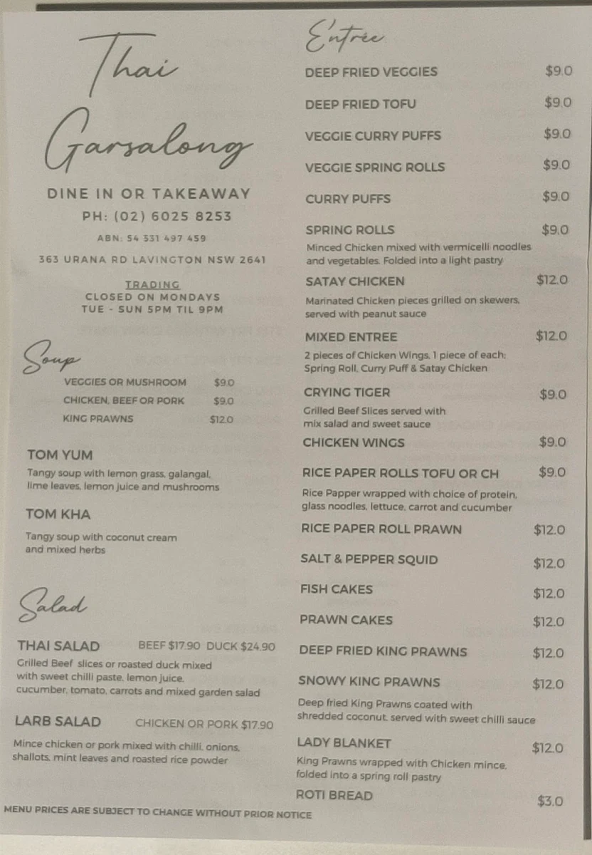 Menu, Thai Garsalong