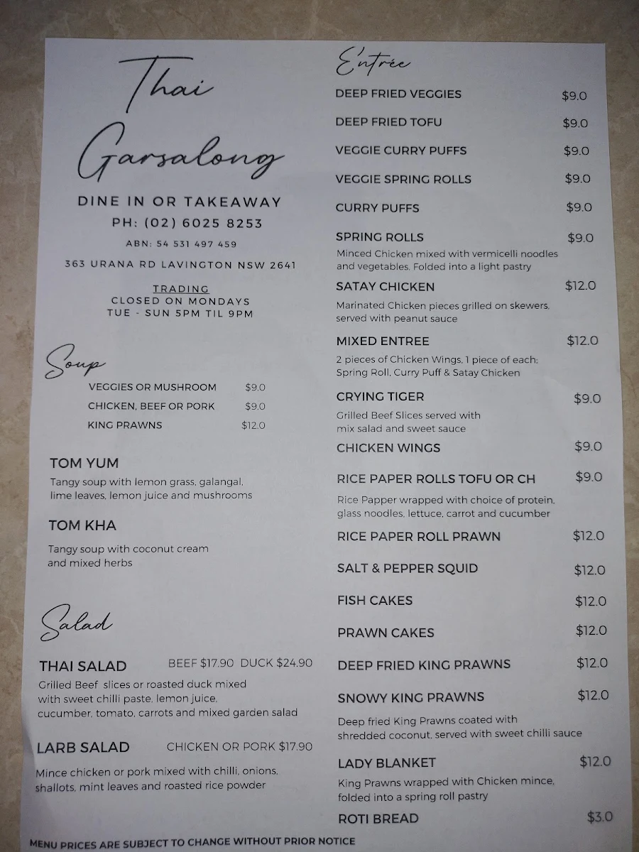 Menu, Thai Garsalong