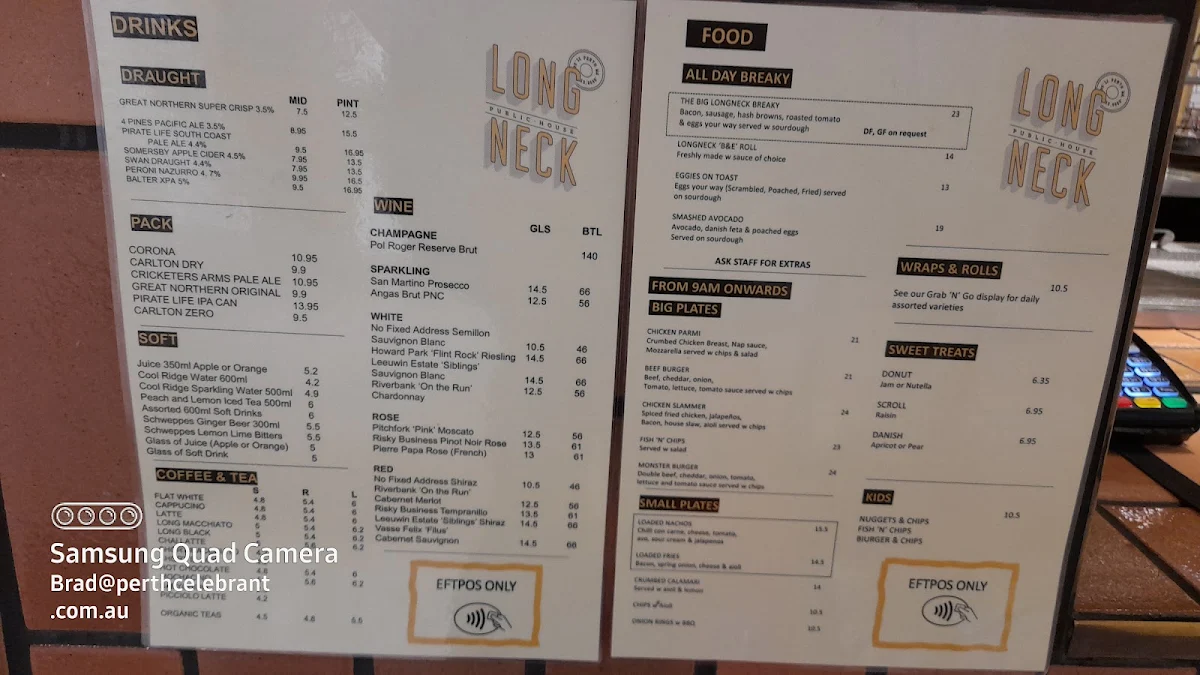Menu, Longneck Public House