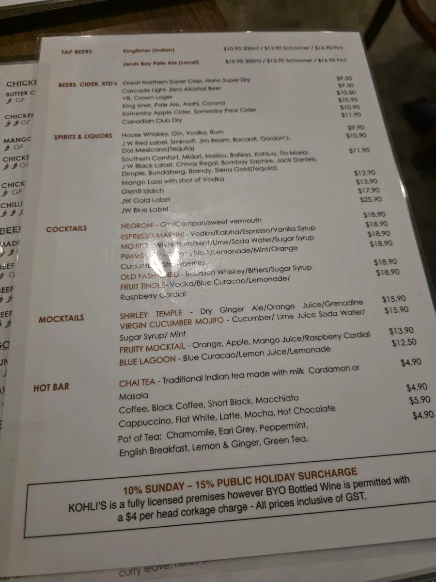 Menu, Kohlis Indian Restaurant Nowra