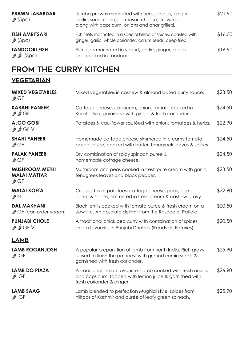 Menu, Kohlis Indian Restaurant Nowra