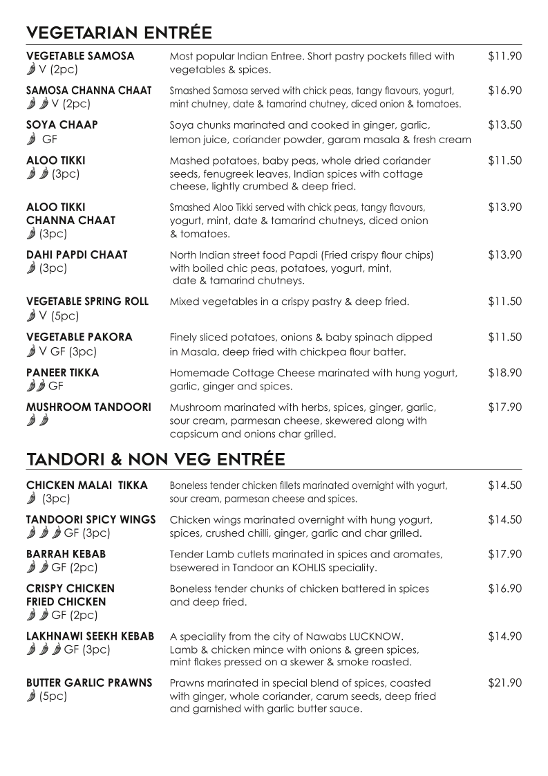 Menu, Kohlis Indian Restaurant Nowra