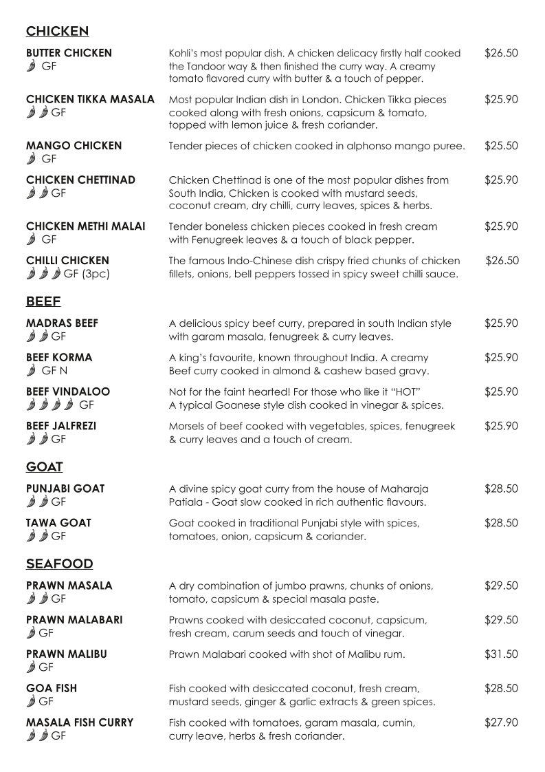 Menu, Kohlis Indian Restaurant Nowra