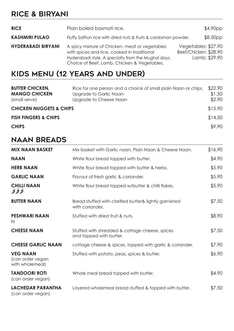 Menu, Kohlis Indian Restaurant Nowra