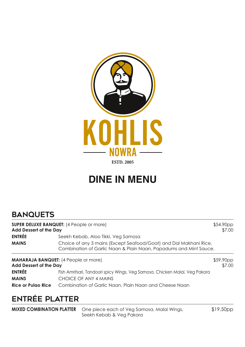 Menu, Kohlis Indian Restaurant Nowra