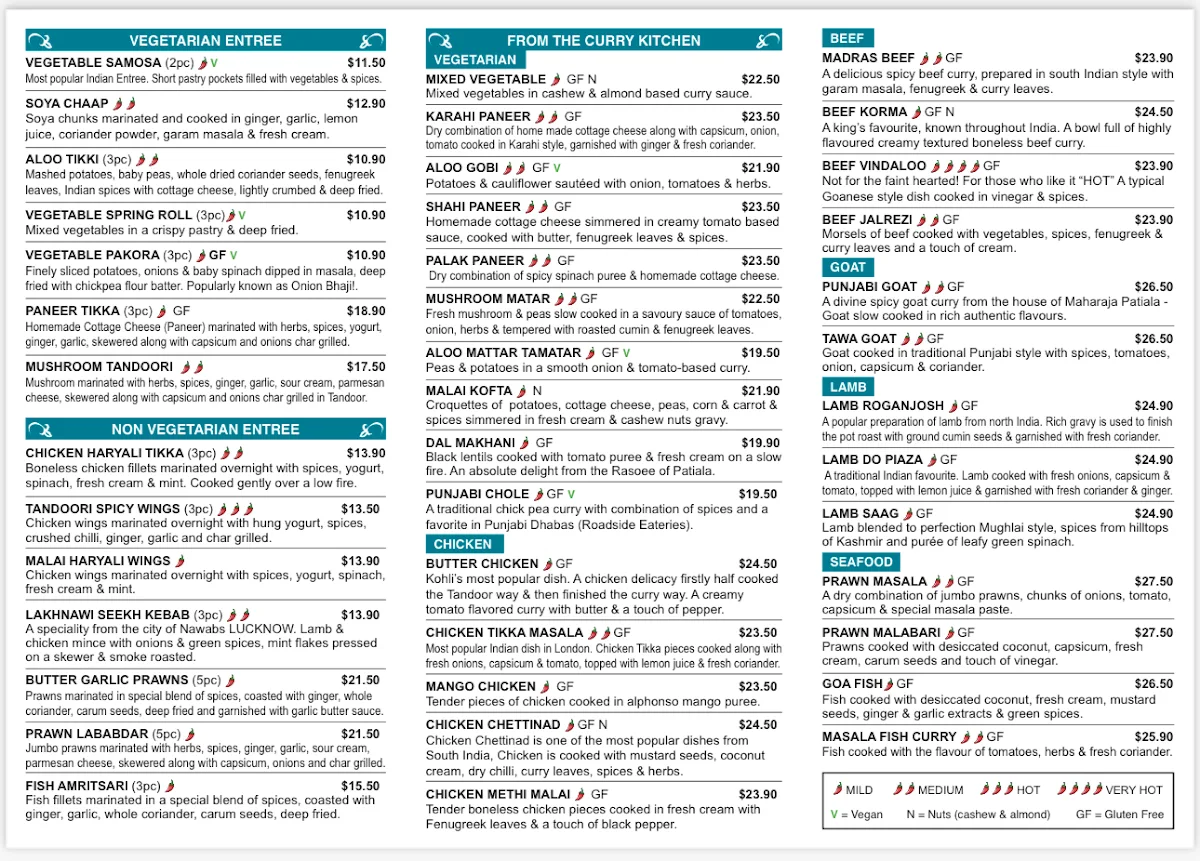Menu, Kohlis Indian Restaurant Nowra
