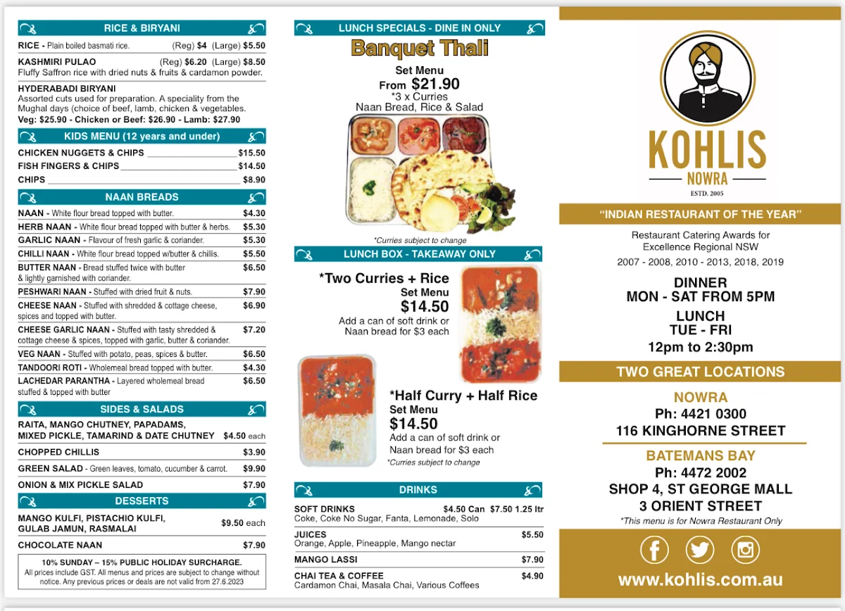 Menu, Kohlis Indian Restaurant Nowra