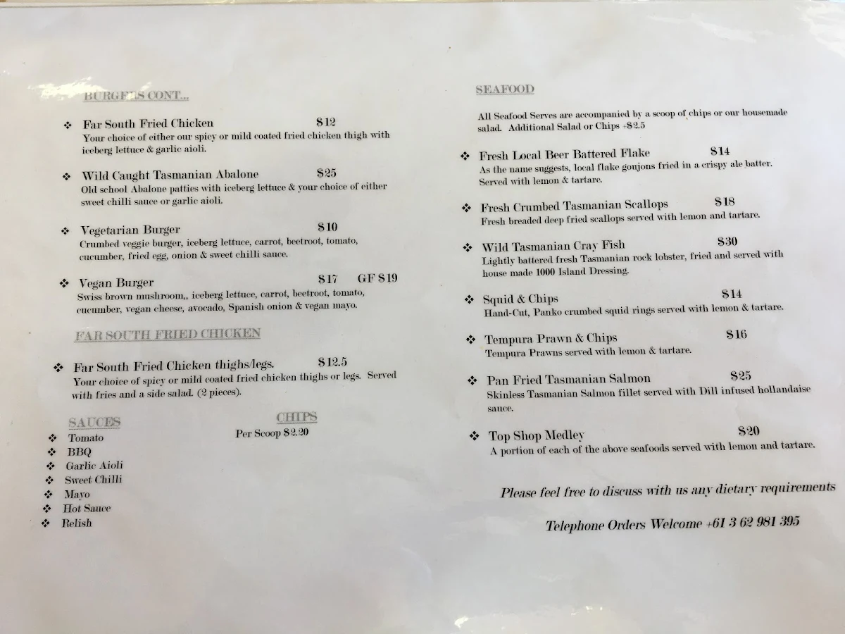 Menu, Dover Top Shop