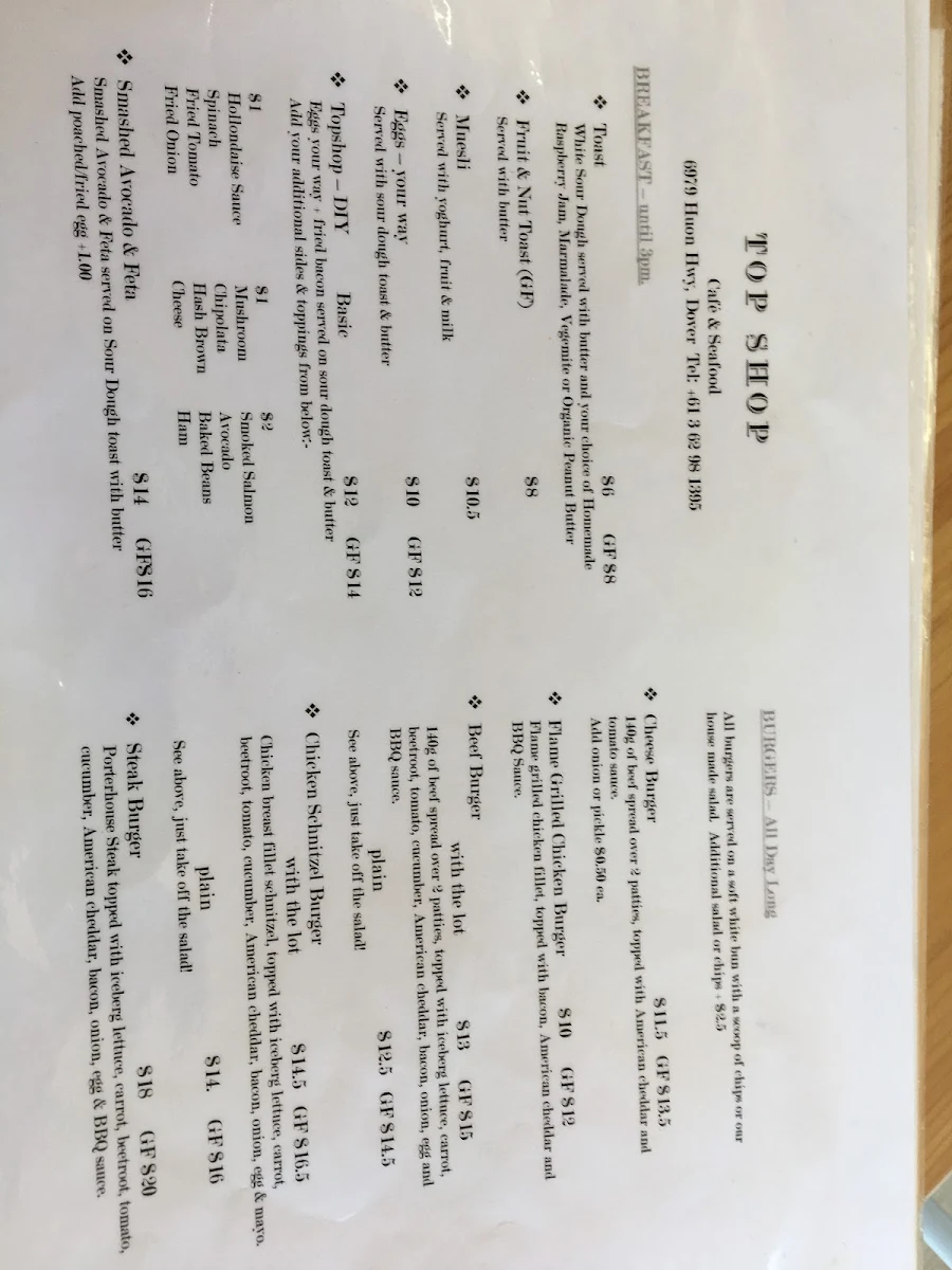 Menu, Dover Top Shop