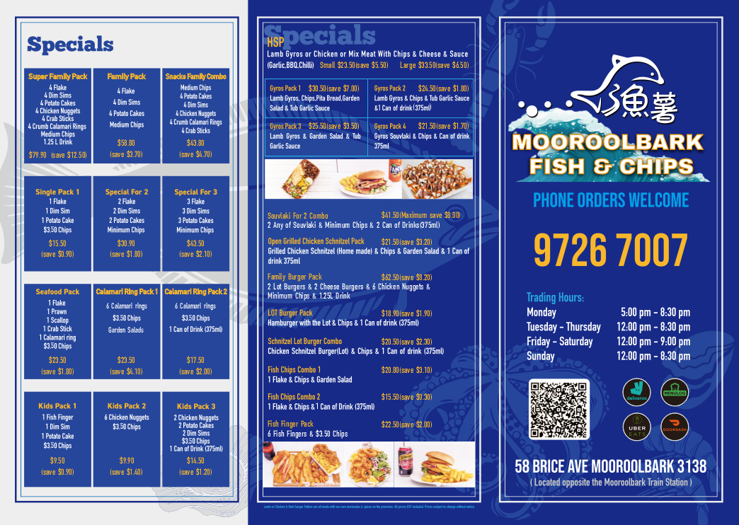 Menu, Mooroolbark Fish & Chips