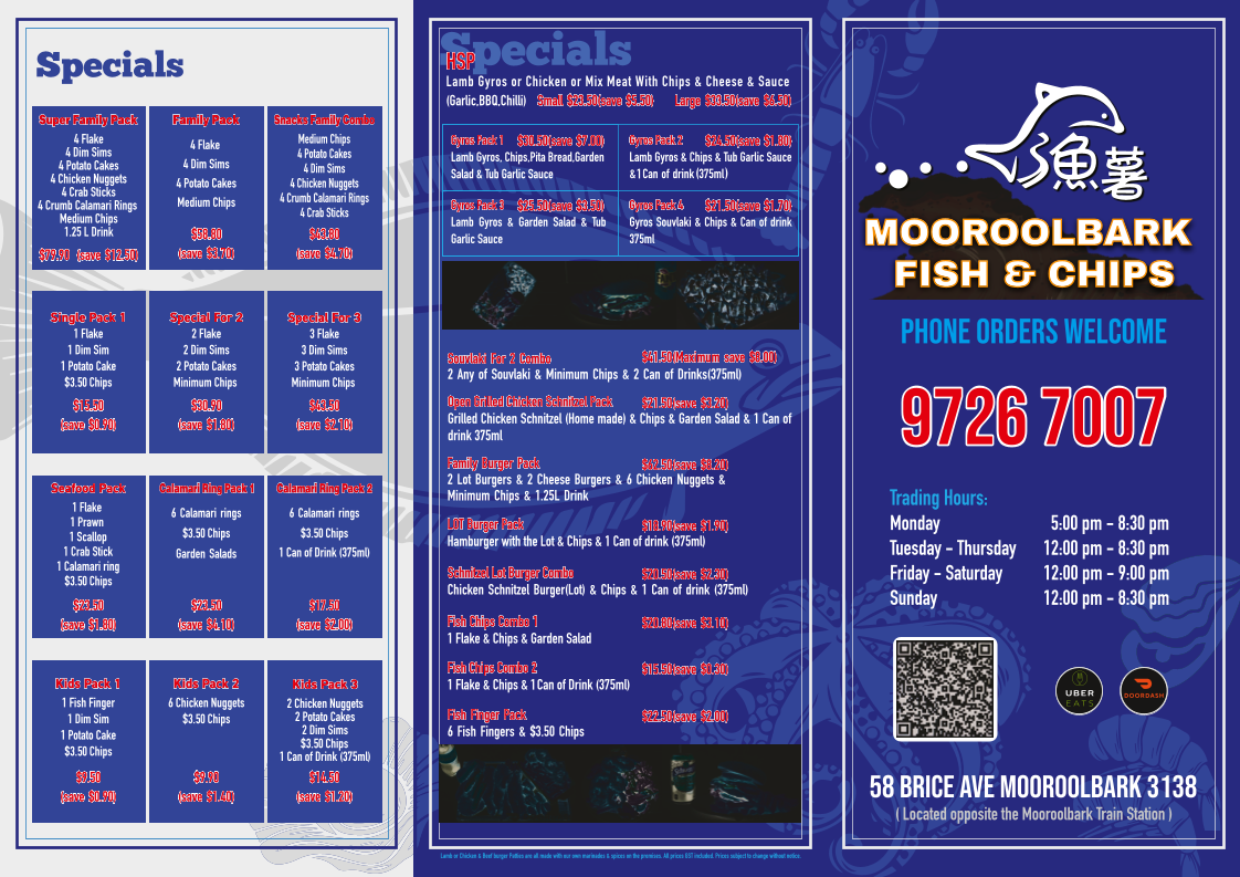 Menu, Mooroolbark Fish & Chips