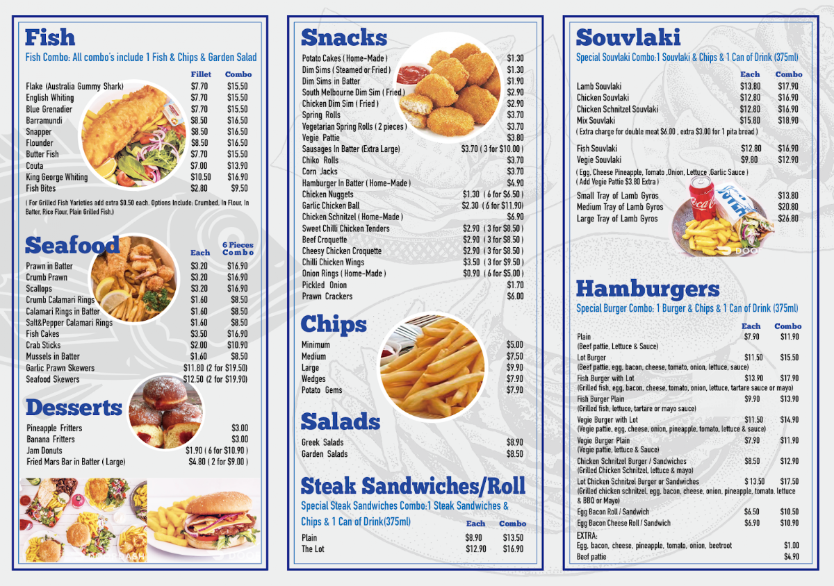 Menu, Mooroolbark Fish & Chips
