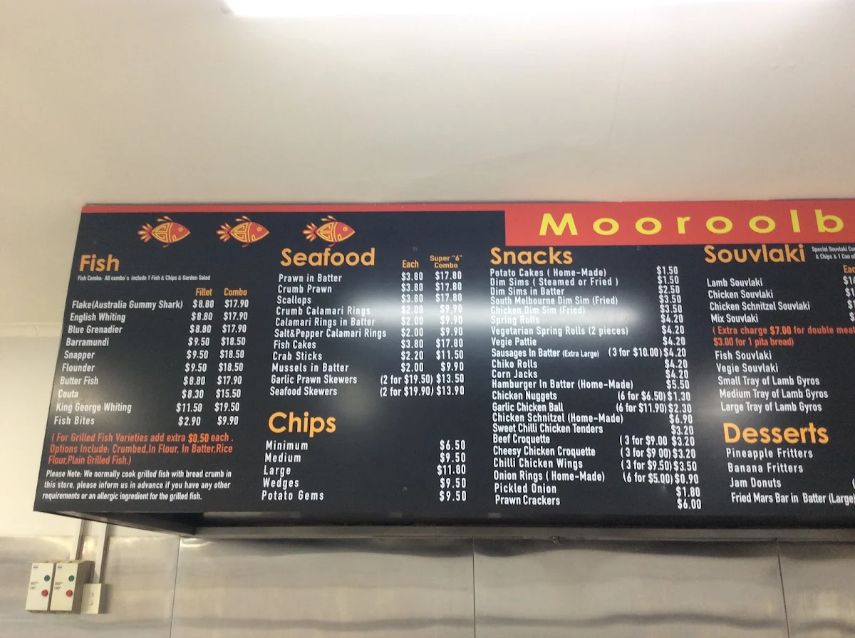 Menu, Mooroolbark Fish & Chips
