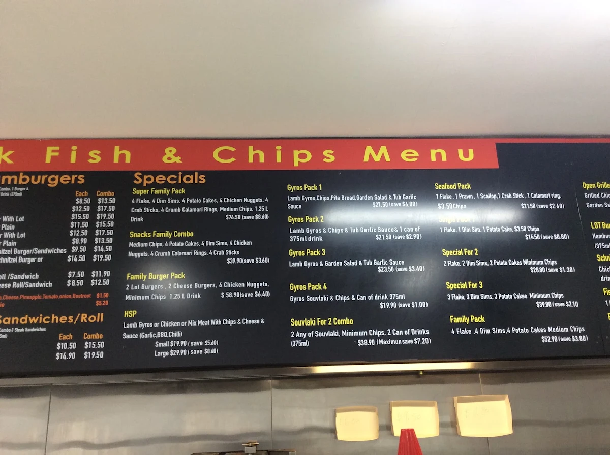 Menu, Mooroolbark Fish & Chips