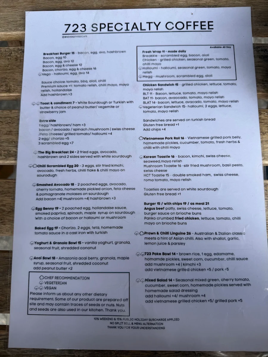 Menu, Seven 2 Three Specialty Coffee