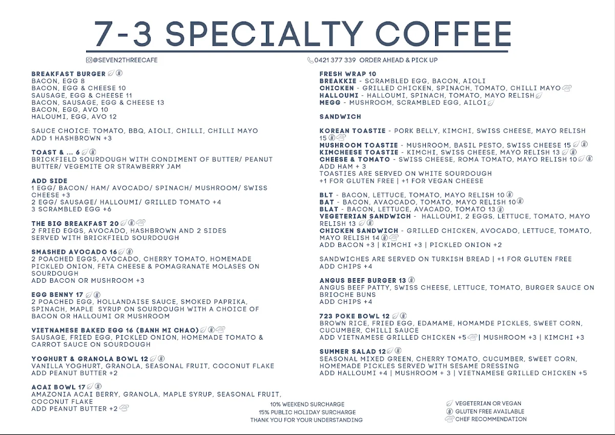 Menu, Seven 2 Three Specialty Coffee