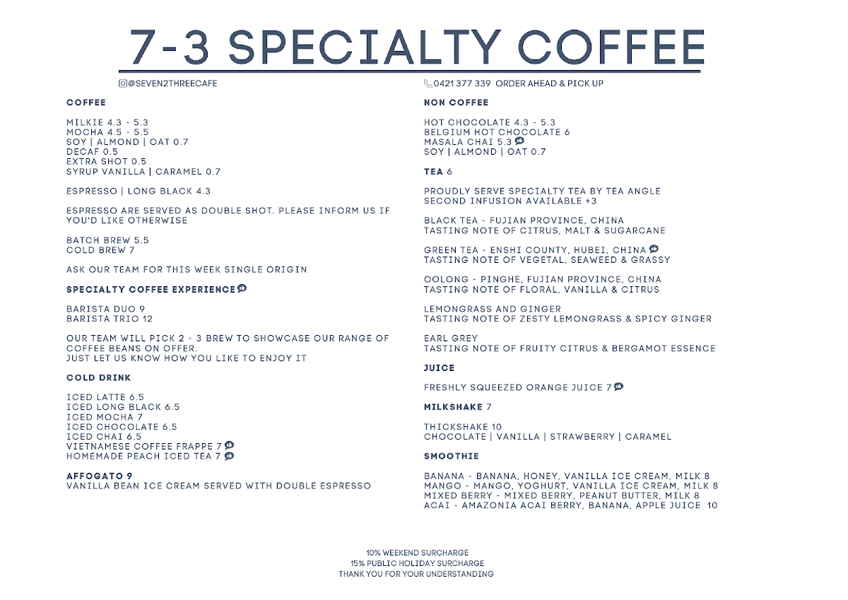 Menu, Seven 2 Three Specialty Coffee