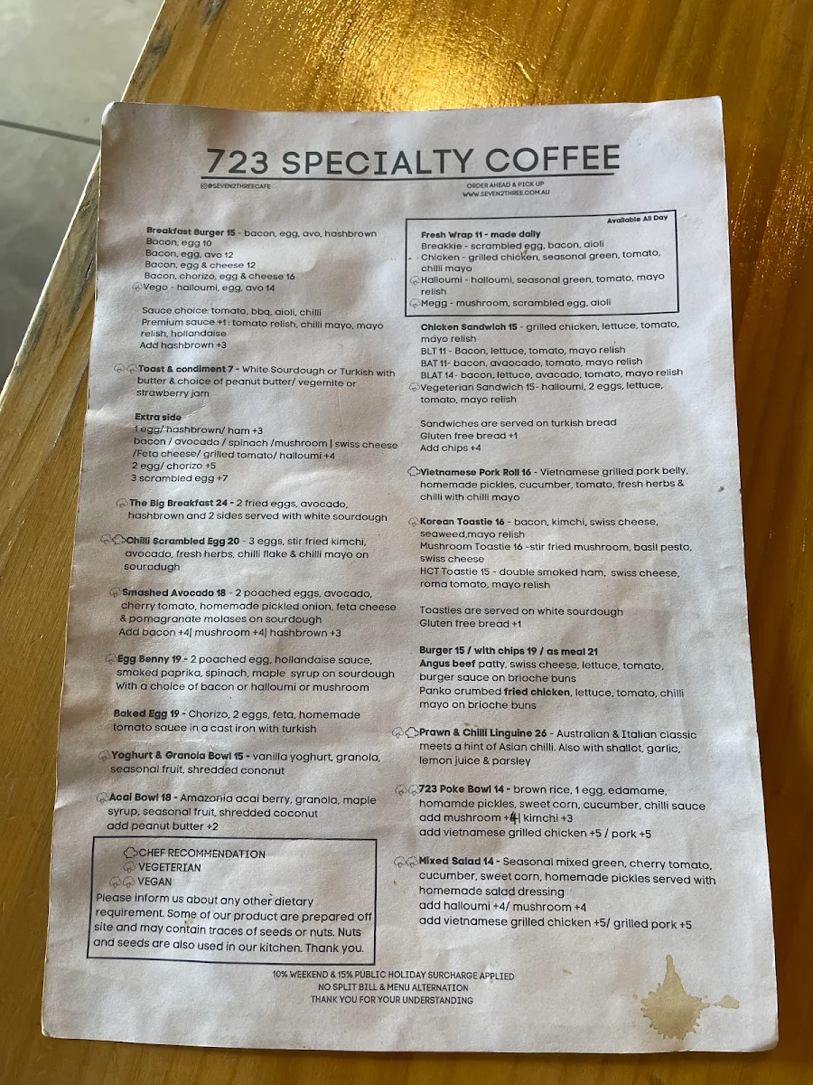 Menu, Seven 2 Three Specialty Coffee