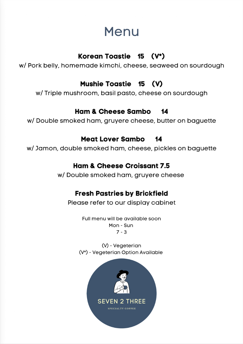 Menu, Seven 2 Three Specialty Coffee