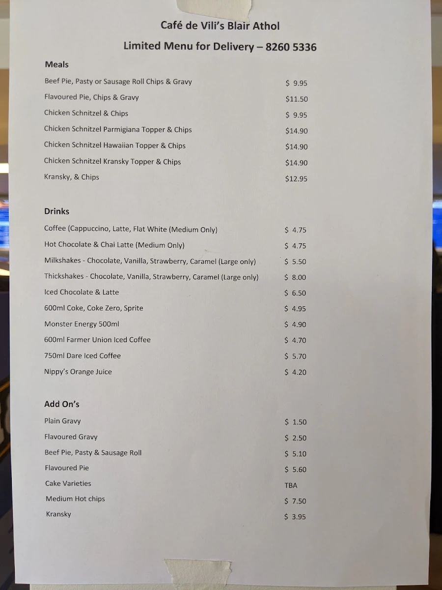 Menu, Cafe De Vili's | Blair Athol