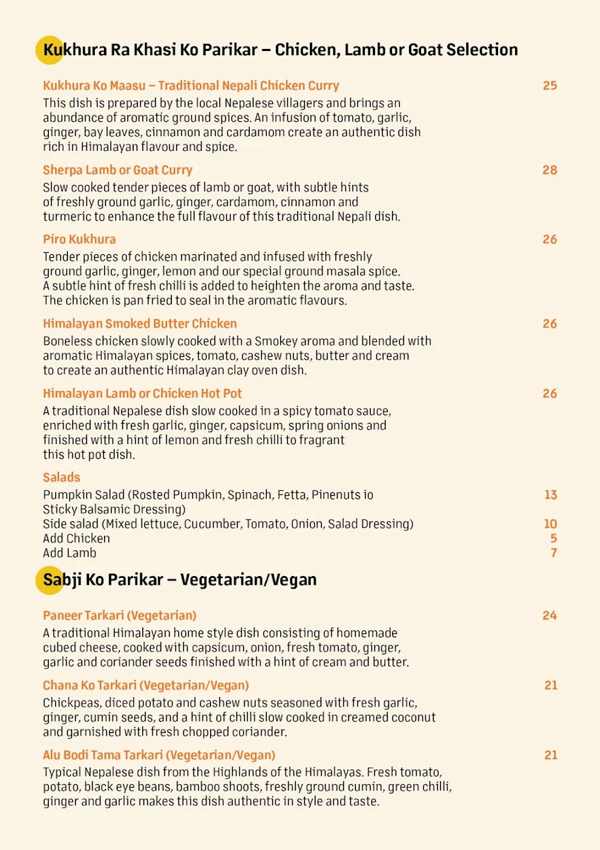 Menu, Taste of the Himalayas
