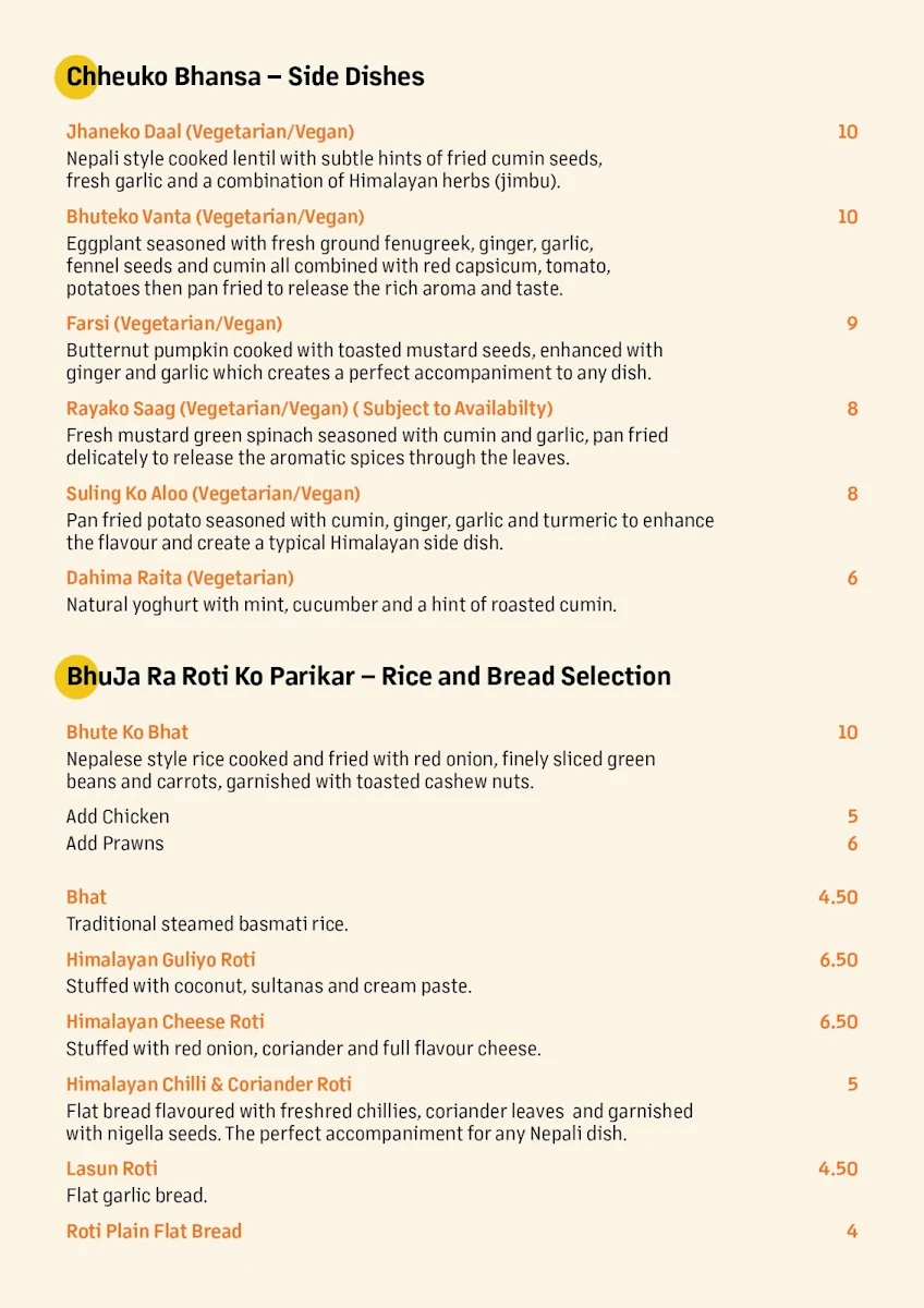 Menu, Taste of the Himalayas
