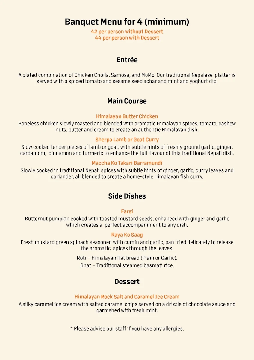 Menu, Taste of the Himalayas
