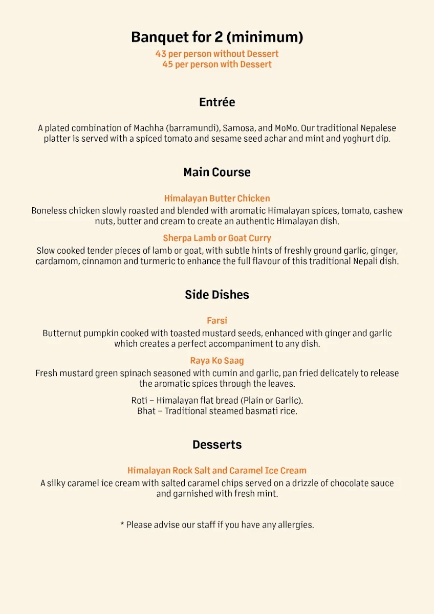 Menu, Taste of the Himalayas