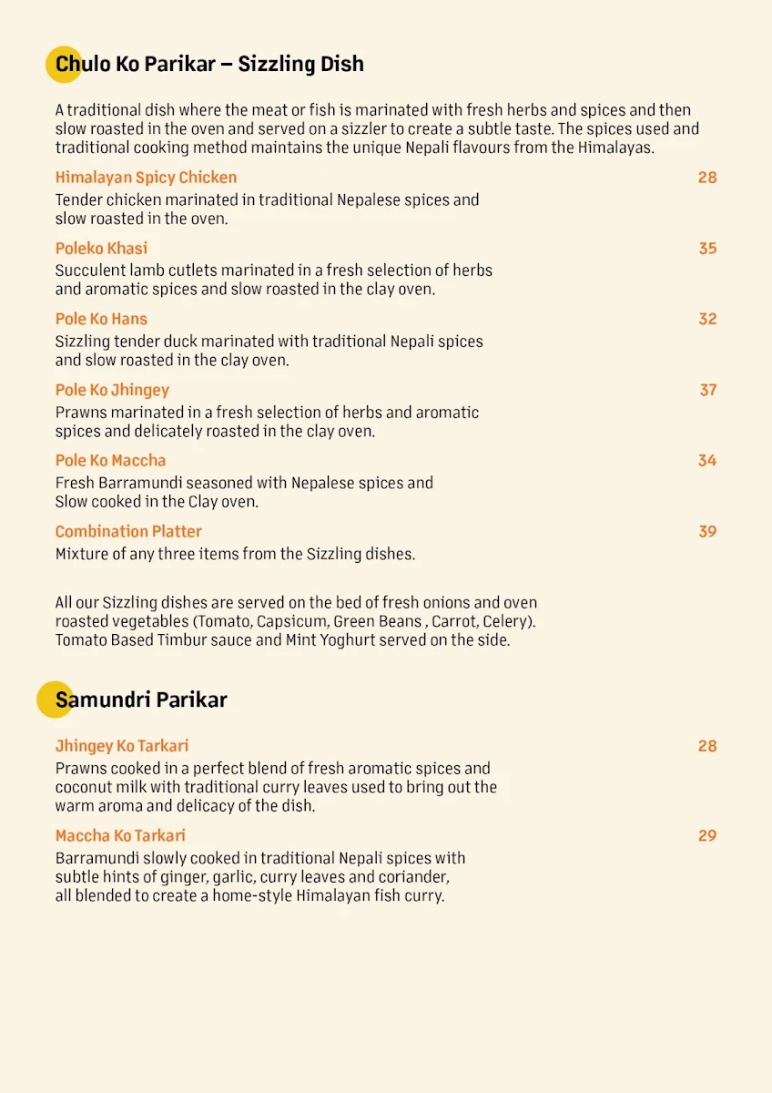 Menu, Taste of the Himalayas