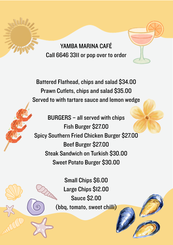 Menu, Yamba Sunset and Wine