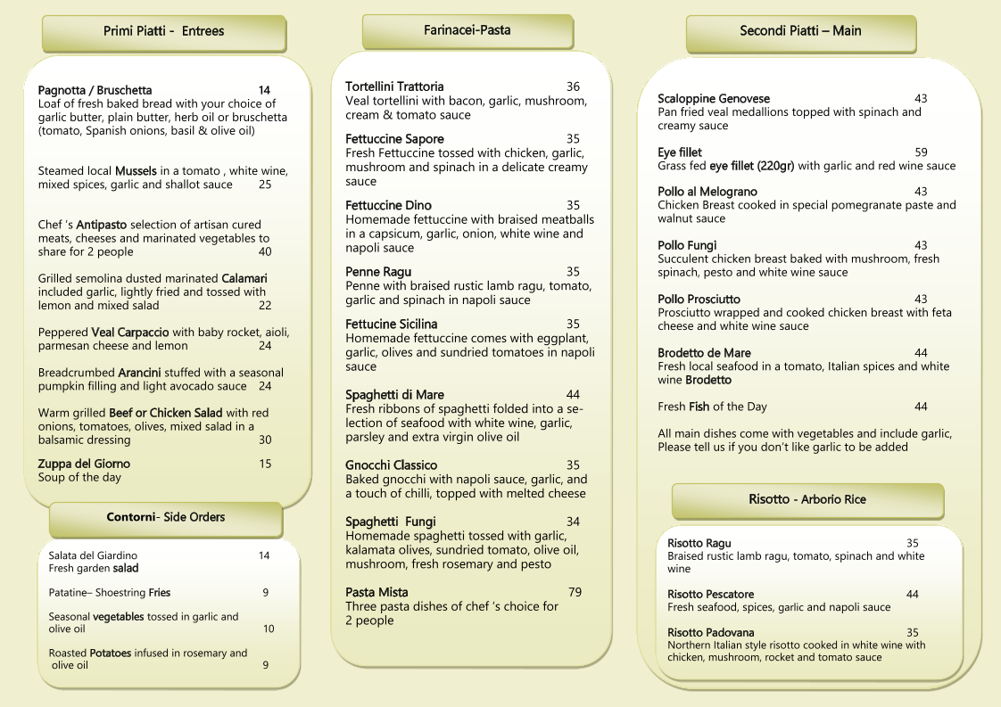 Menu, Amici Trattoria Restaurant