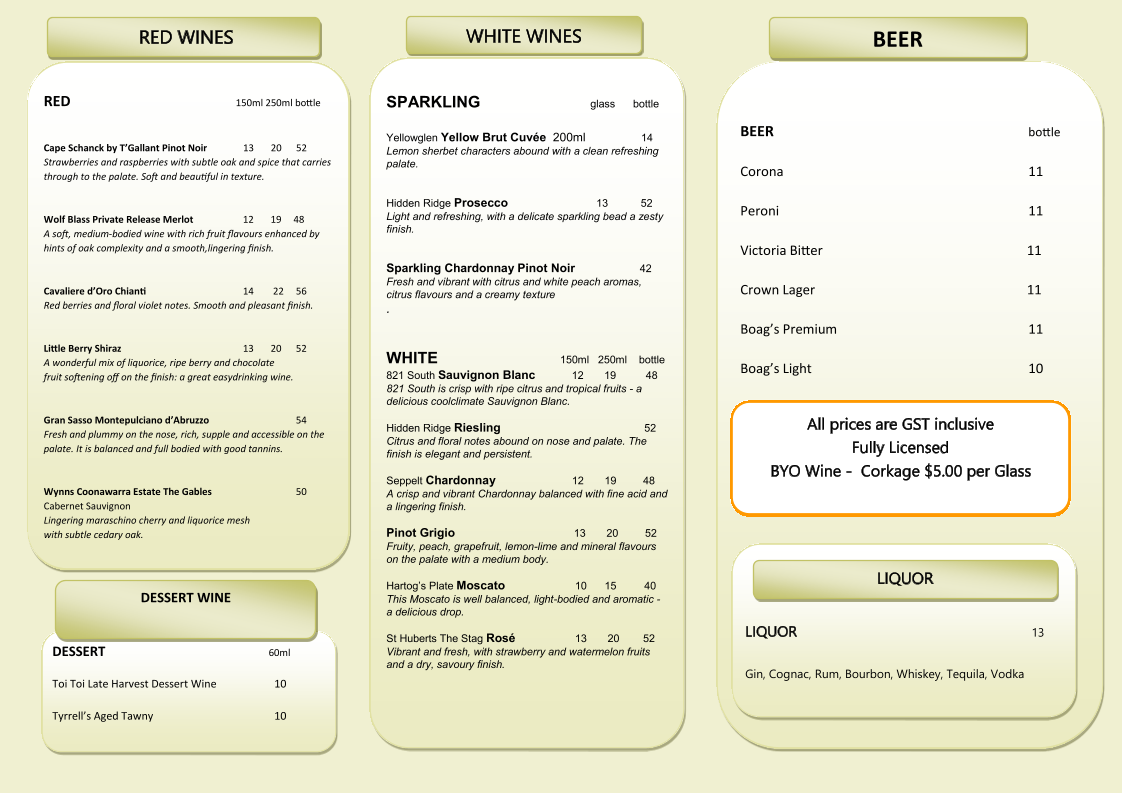 Menu, Amici Trattoria Restaurant