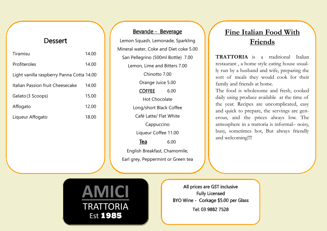 Menu, Amici Trattoria Restaurant