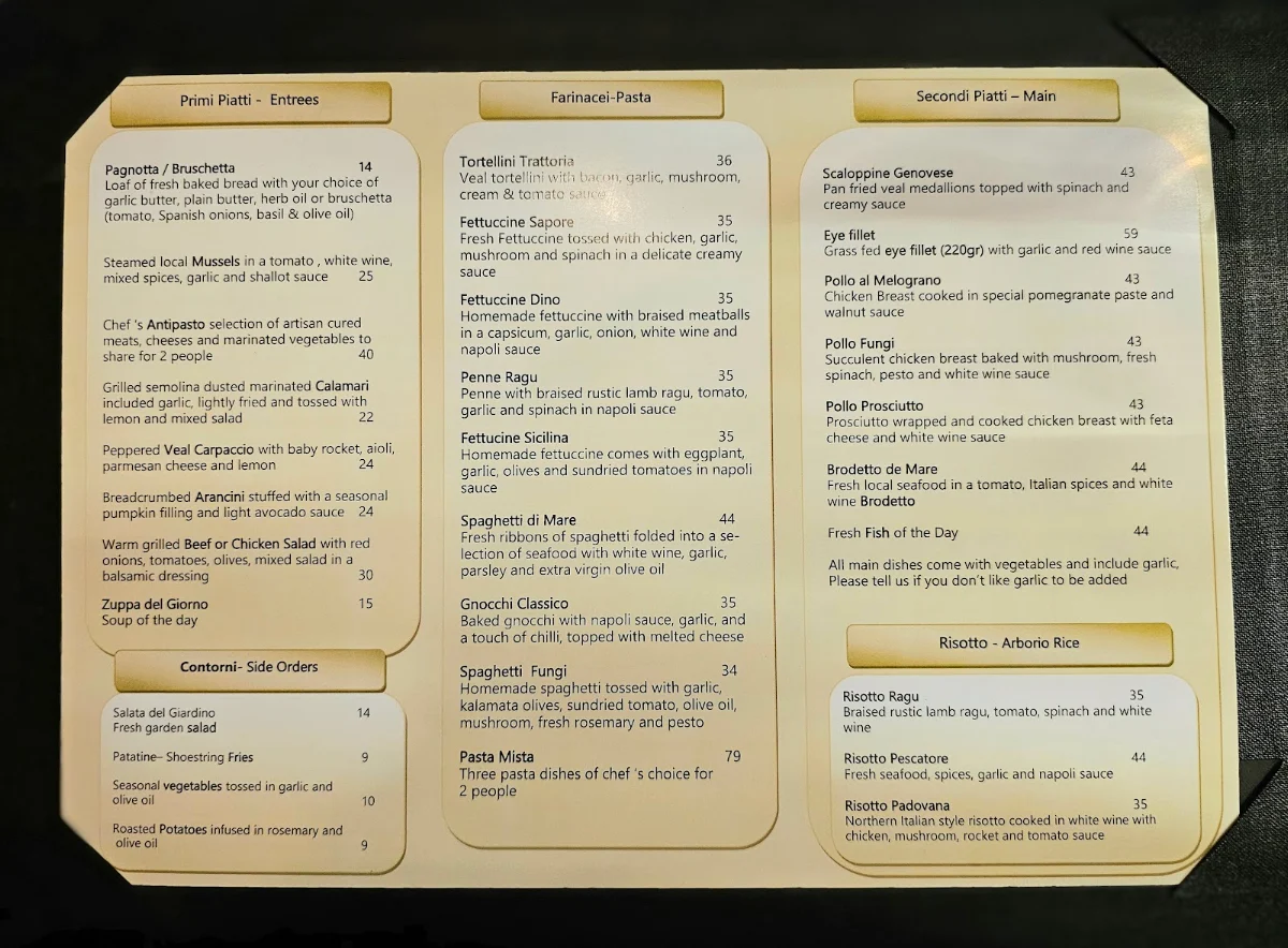Menu, Amici Trattoria Restaurant