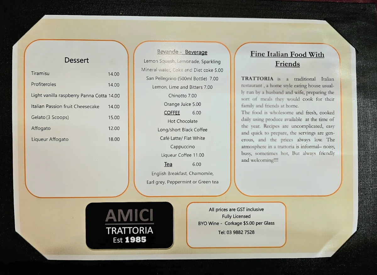 Menu, Amici Trattoria Restaurant