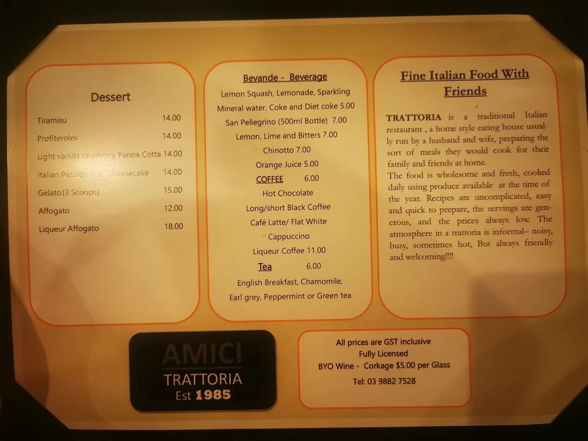 Menu, Amici Trattoria Restaurant