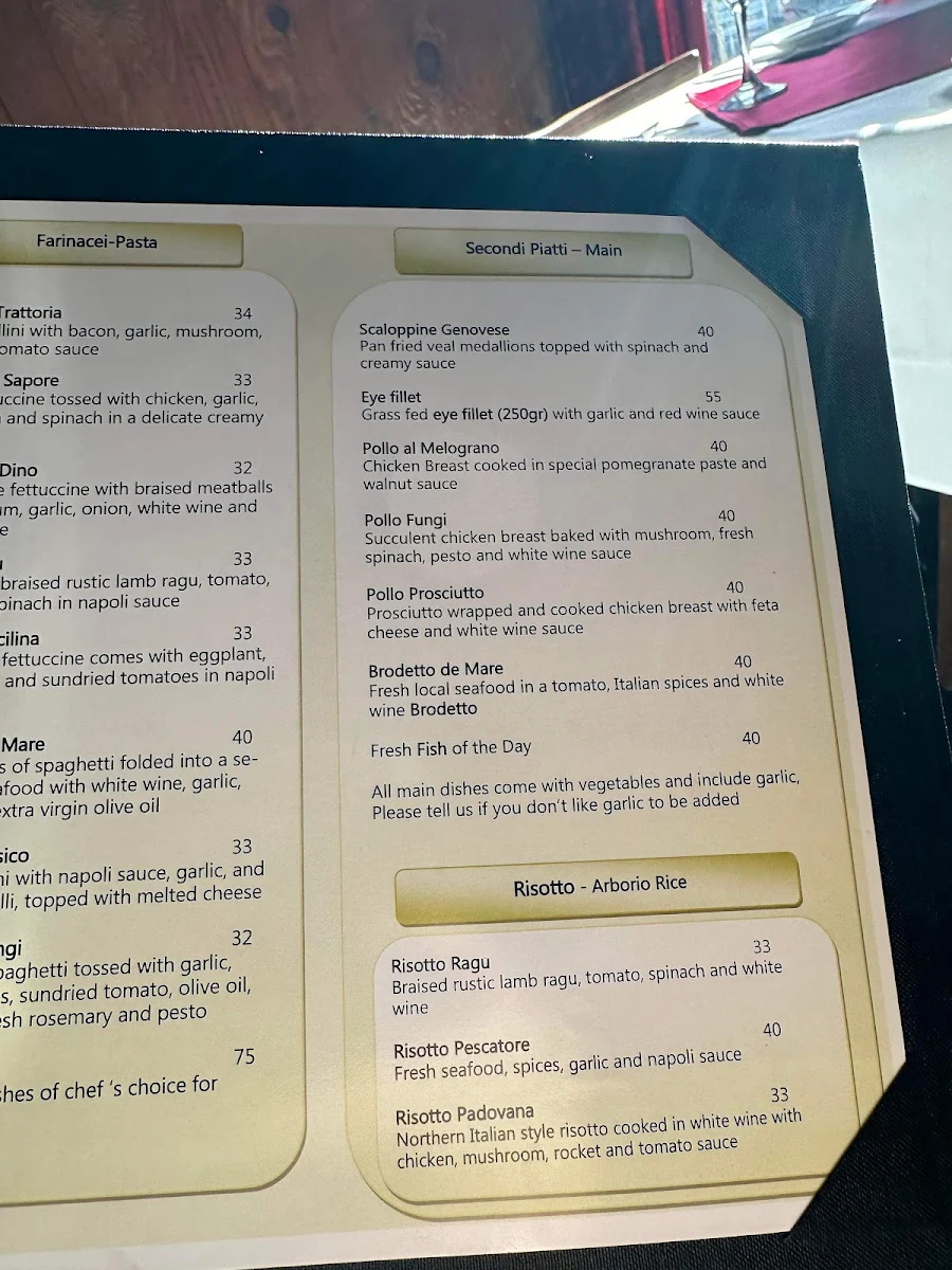 Menu, Amici Trattoria Restaurant