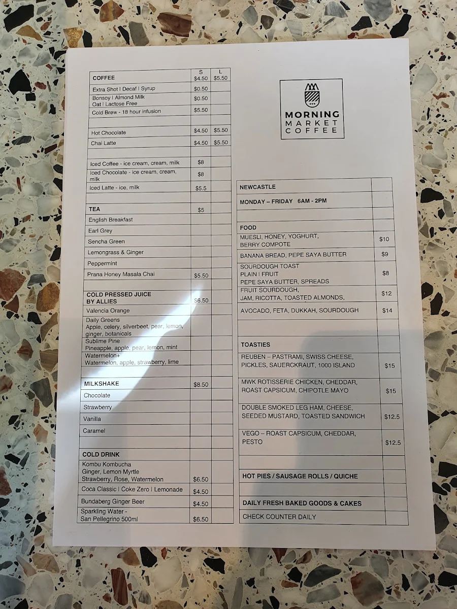 Menu, Morning Market Coffee - Newcastle