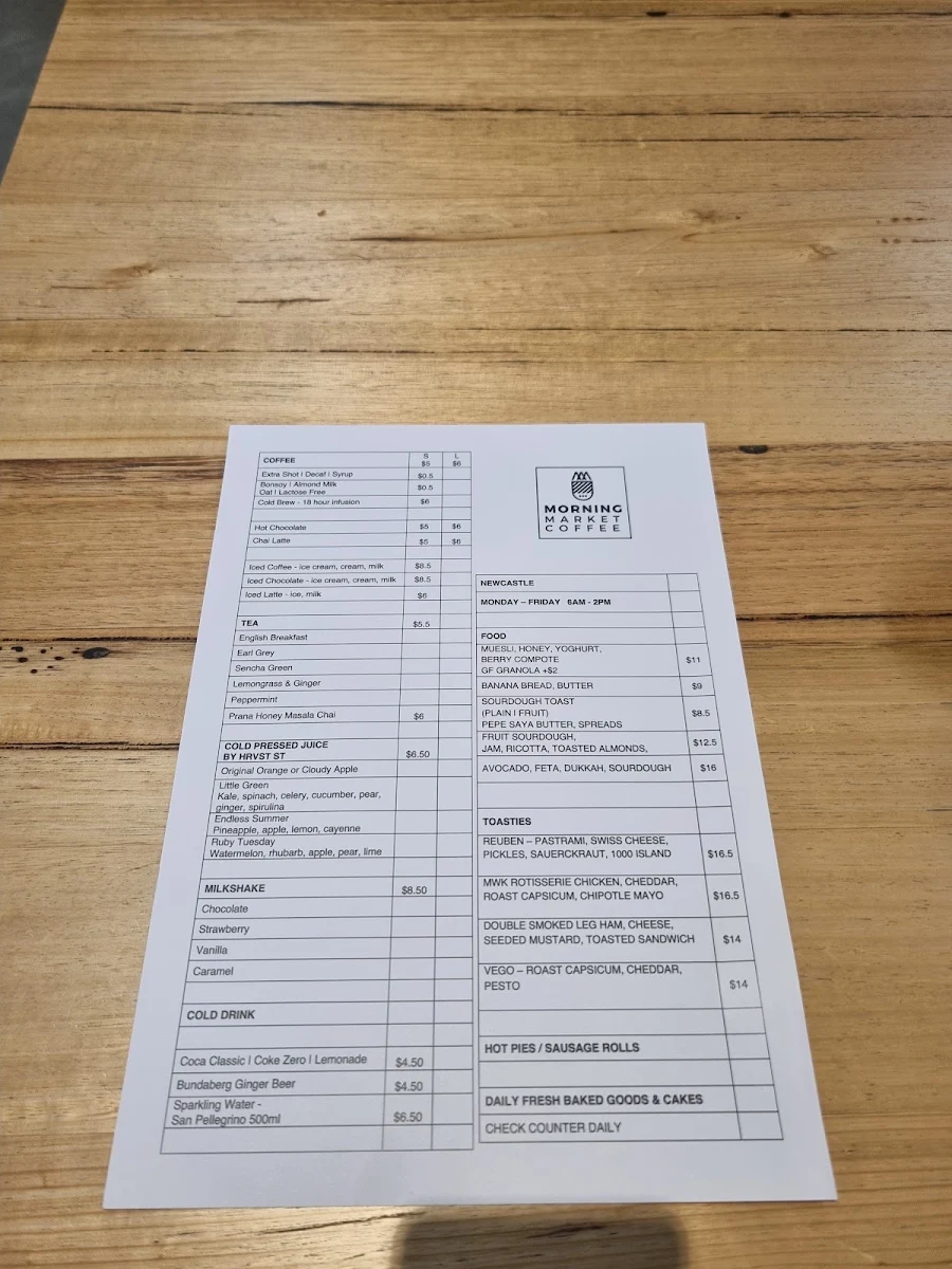 Menu, Morning Market Coffee - Newcastle