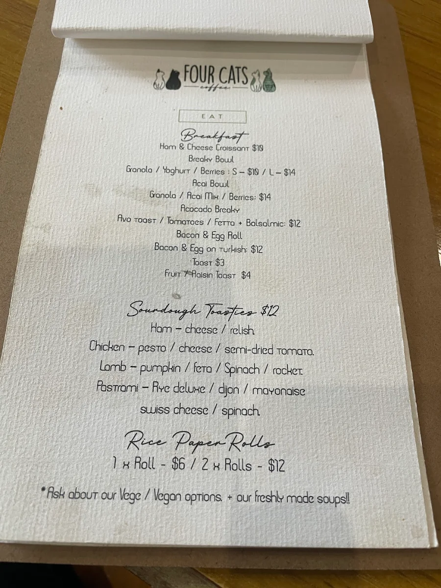 Menu, Four Cats Coffee