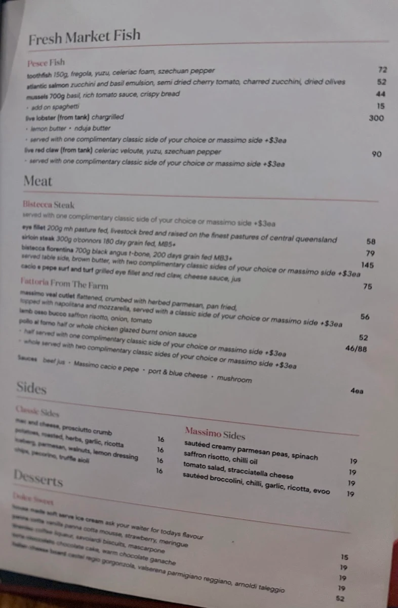 Menu, Massimo Restaurant & Bar