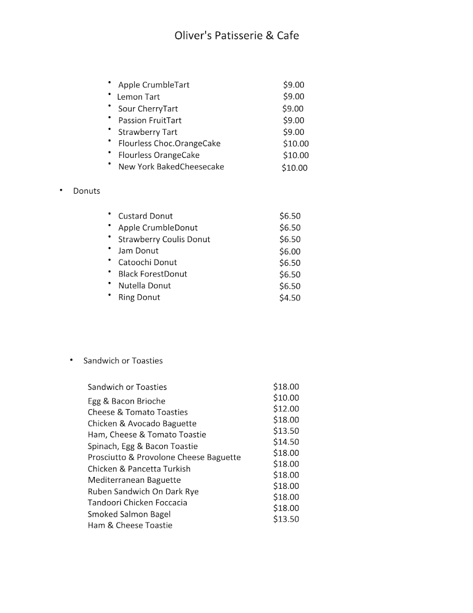Menu, Oliver's Patisserie & Cafe